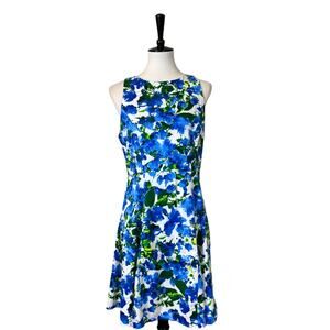 Milly Design Nation Women's Fit Flare Dress Spring White Blue Green Floral Sz 10